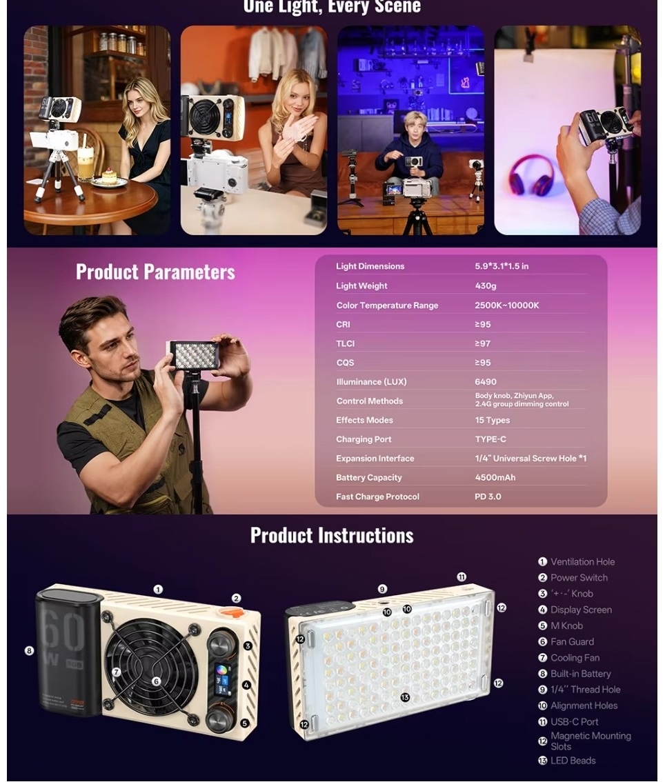 Den Led Zhiyun Fiveray M60 Ultra Rgb 8 Hlstudio 005